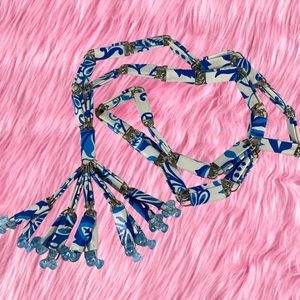 Vintage mix, media metal and bead long necklace with tassel blues